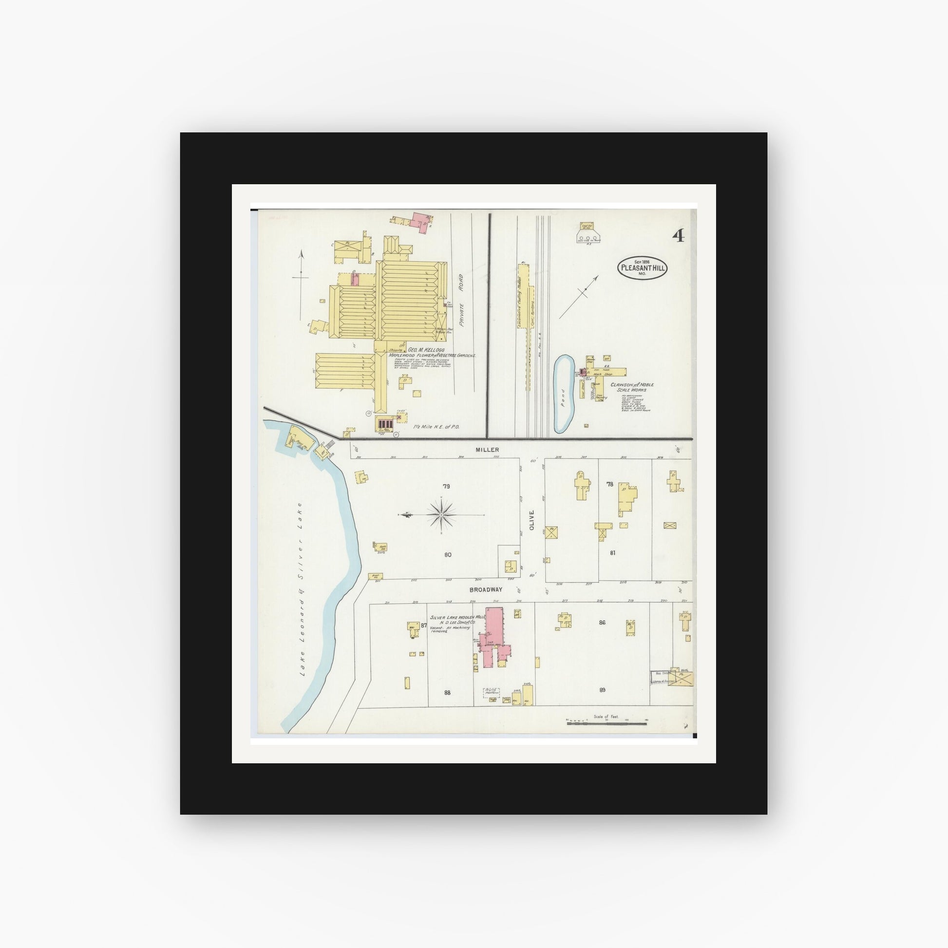Old map wall art mockup — black gallery frame with white mat — Sanborn Fire Insurance Map from Pleasant Hill, Cass County, Missouri (1898), Sheet #0004