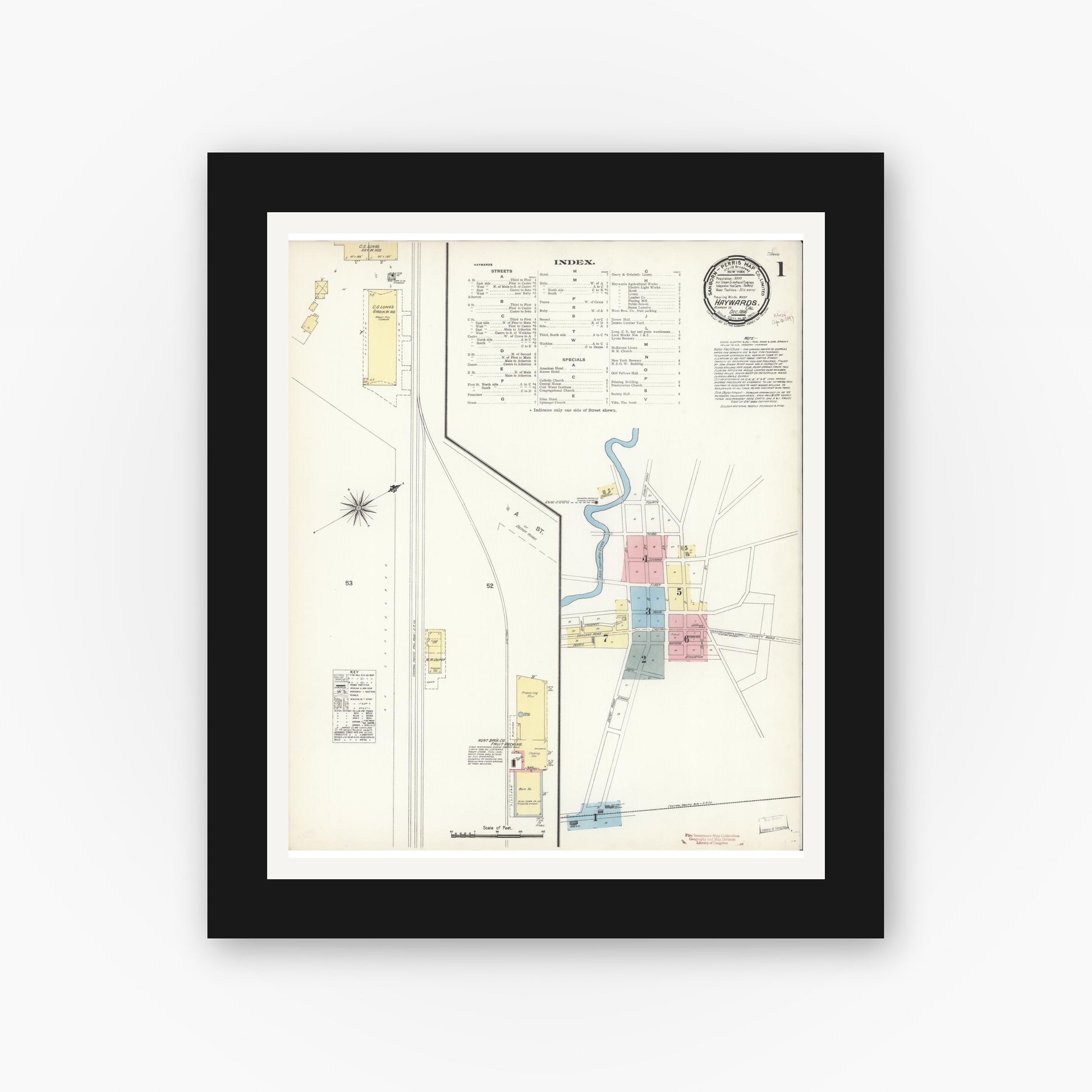 Old map wall art mockup — black gallery frame with white mat — Sanborn Fire Insurance Map from Hayward, Alameda County, California (1896) - Complete Map Set