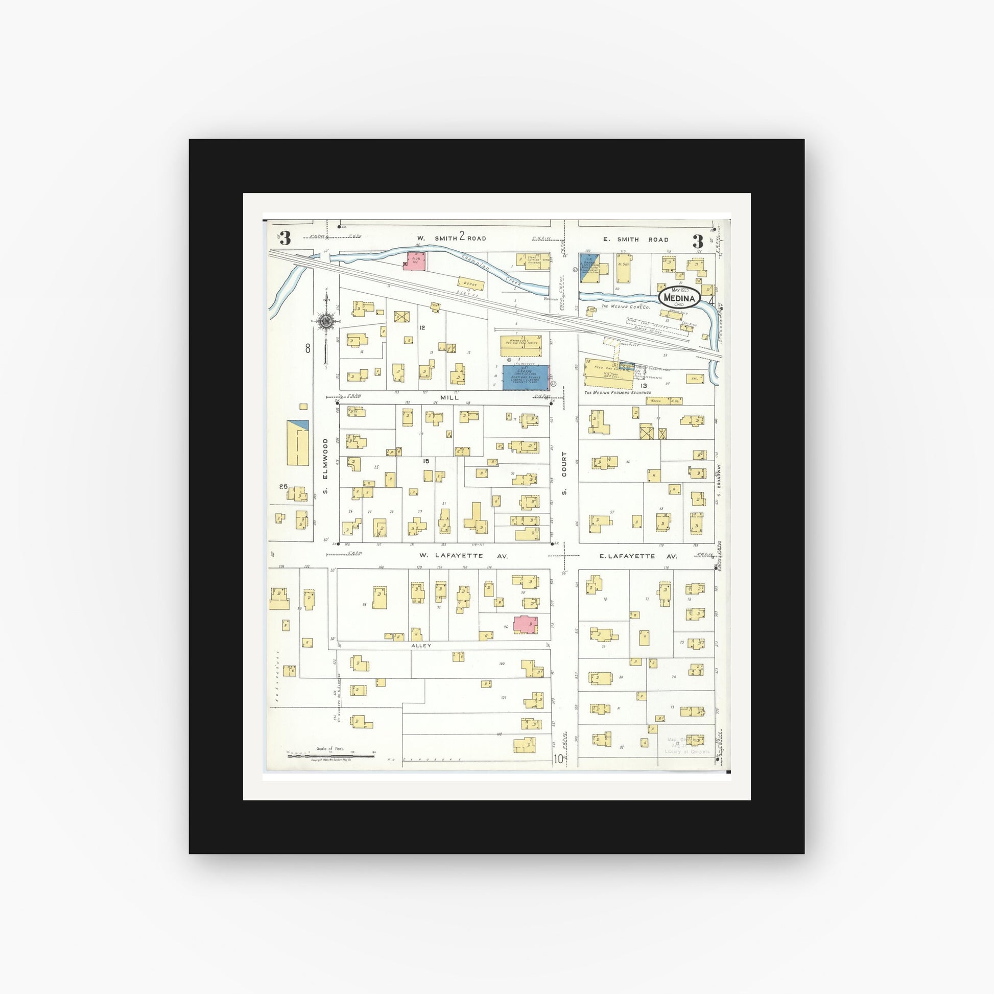Old map wall art mockup — black gallery frame with white mat — Sanborn Fire Insurance Map from Medina, Medina County, Ohio (1923), Sheet #0003