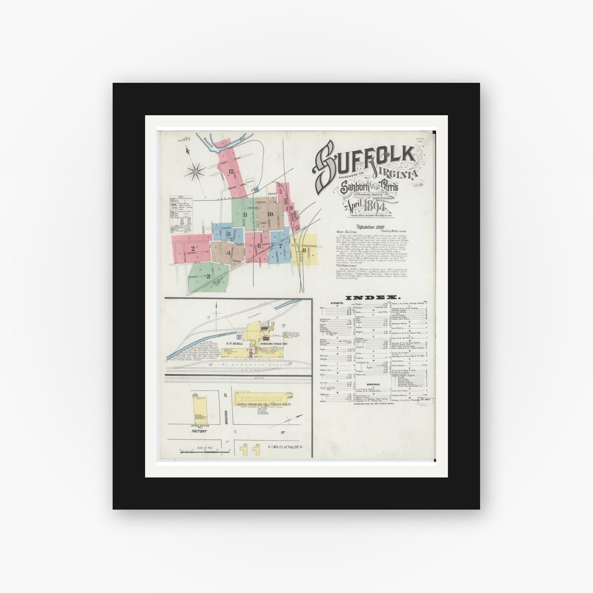 Old map wall art mockup — black gallery frame with white mat — Sanborn Fire Insurance Map from Suffolk, Independent Cities, Virginia (1894), Sheet #0001
