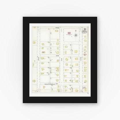Old map wall art mockup — black gallery frame with white mat — Sanborn Fire Insurance Map from Denton, Denton County, Texas (1907), Sheet #0013