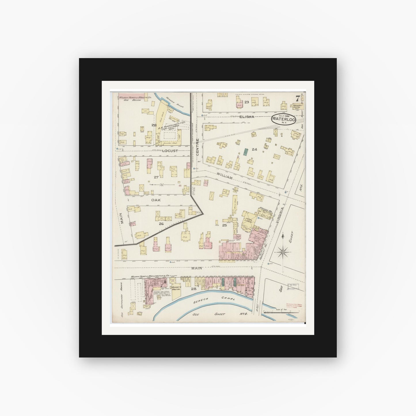 Old map wall art mockup — black gallery frame with white mat — Sanborn Fire Insurance Map from Waterloo, Seneca County, New York (1886), Sheet #0007