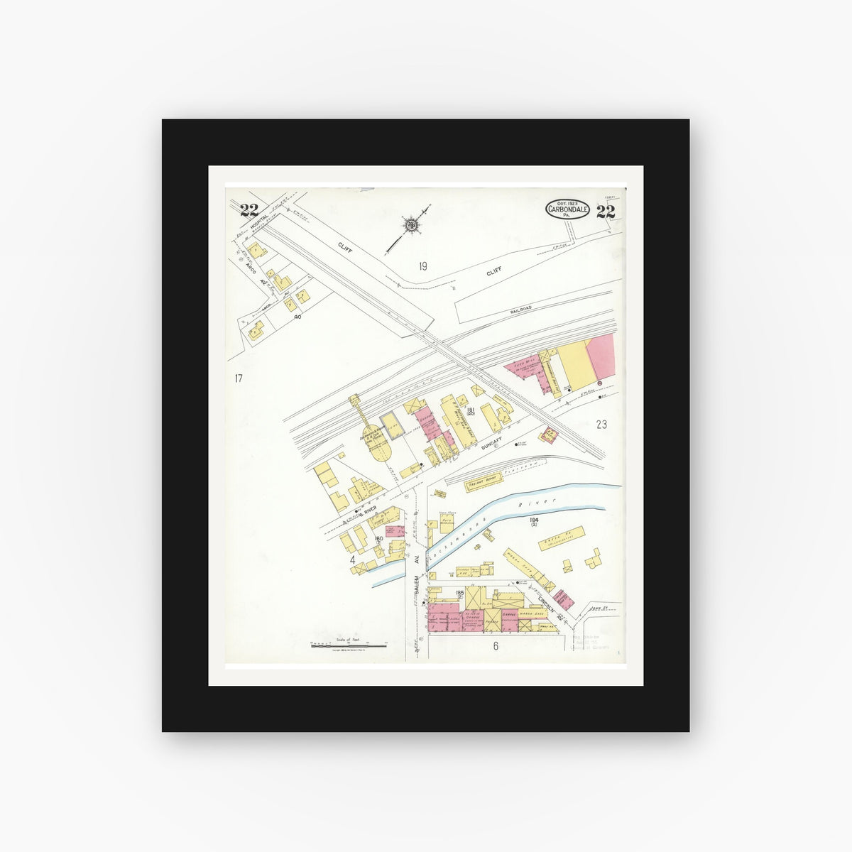 Old map wall art mockup — black gallery frame with white mat — Sanborn Fire Insurance Map from Carbondale, Lackawanna County, Pennsylvania (1923), Sheet #0022