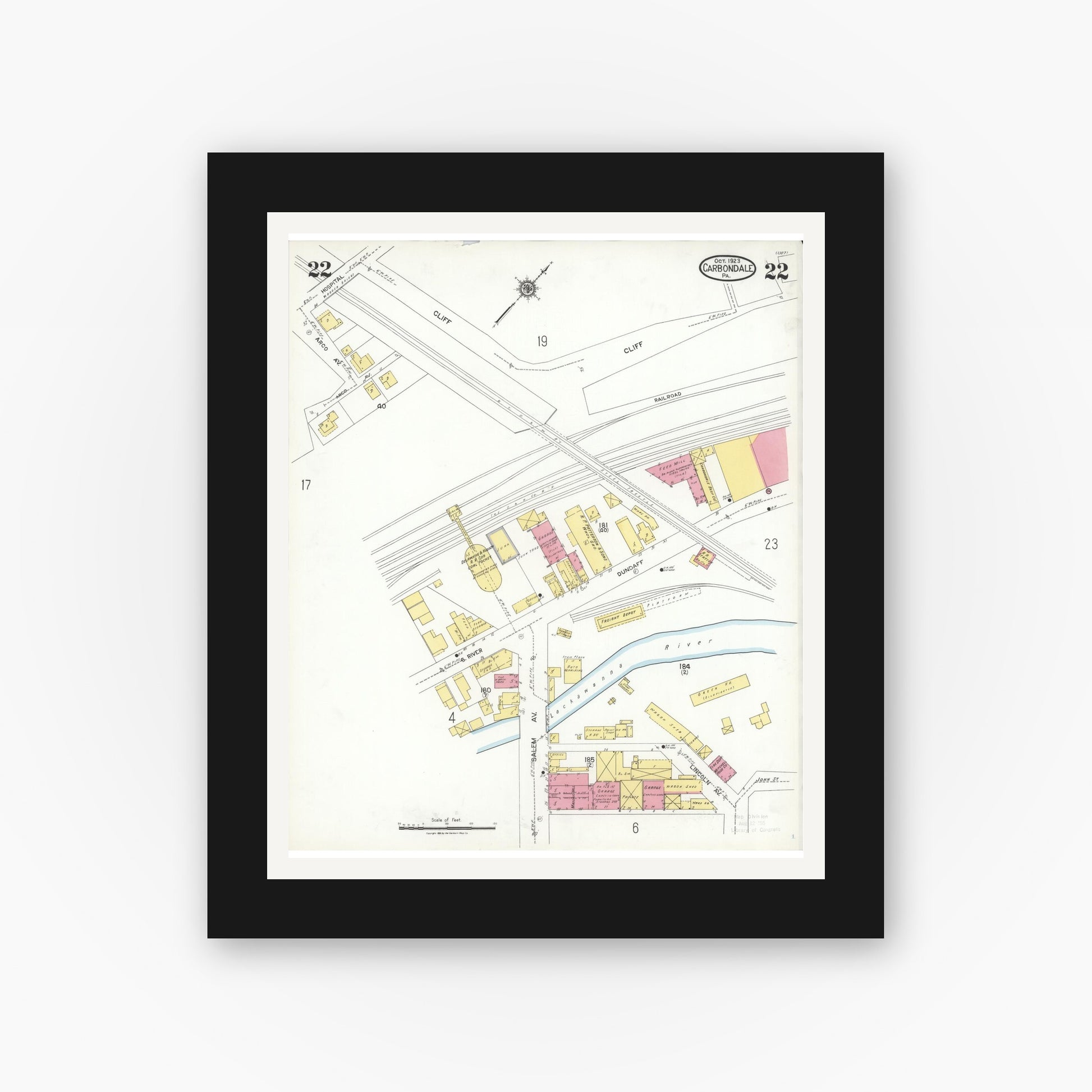 Old map wall art mockup — black gallery frame with white mat — Sanborn Fire Insurance Map from Carbondale, Lackawanna County, Pennsylvania (1923), Sheet #0022