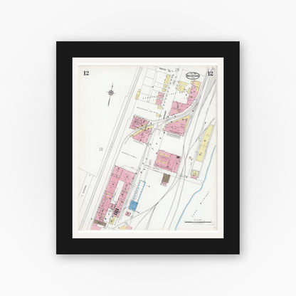 Old map wall art mockup — black gallery frame with white mat — Sanborn Fire Insurance Map from Waukegan, Lake County, Illinois (1924), Sheet #0012