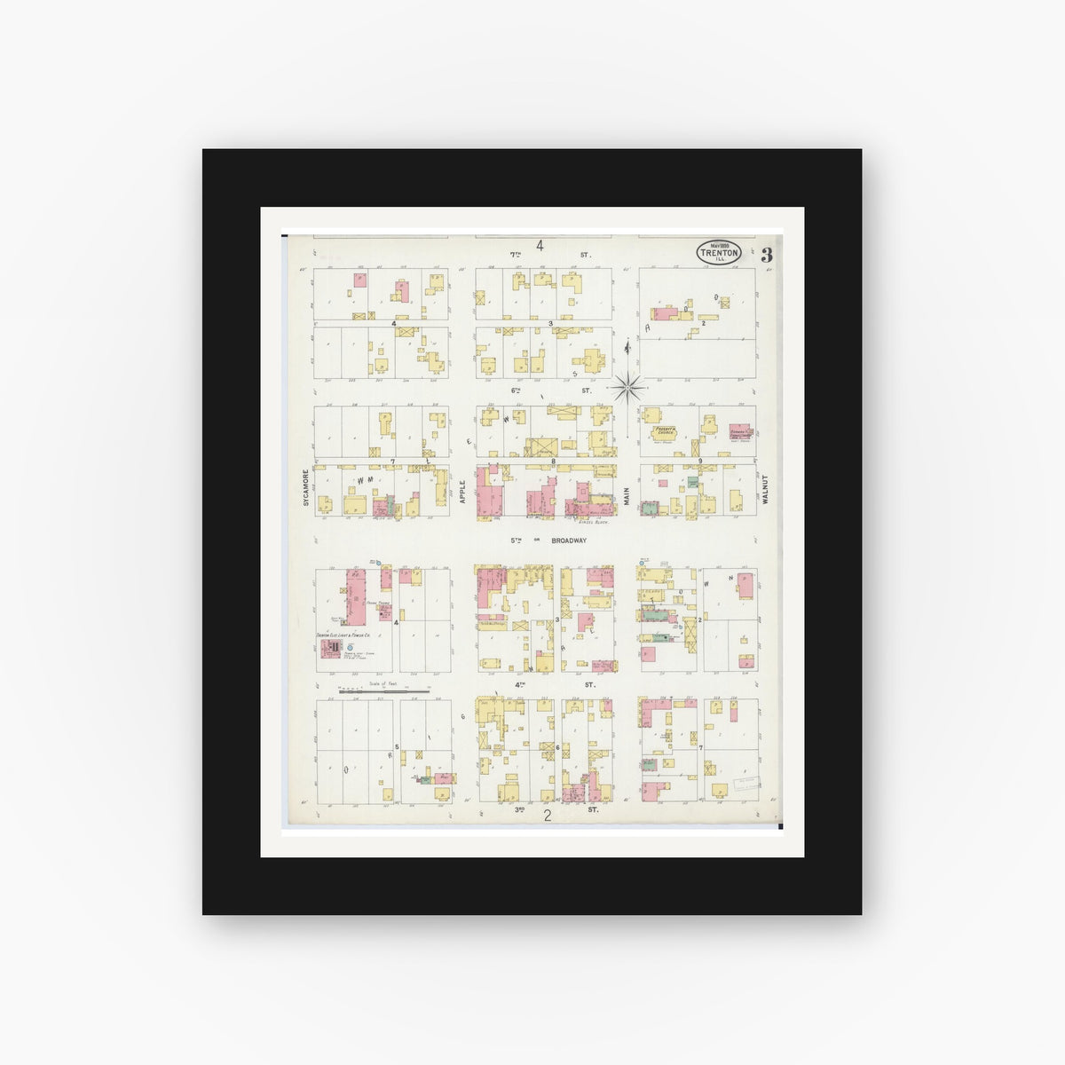 Old map wall art mockup — black gallery frame with white mat — Sanborn Fire Insurance Map from Trenton, Clinton County, Illinois (1899), Sheet #0003