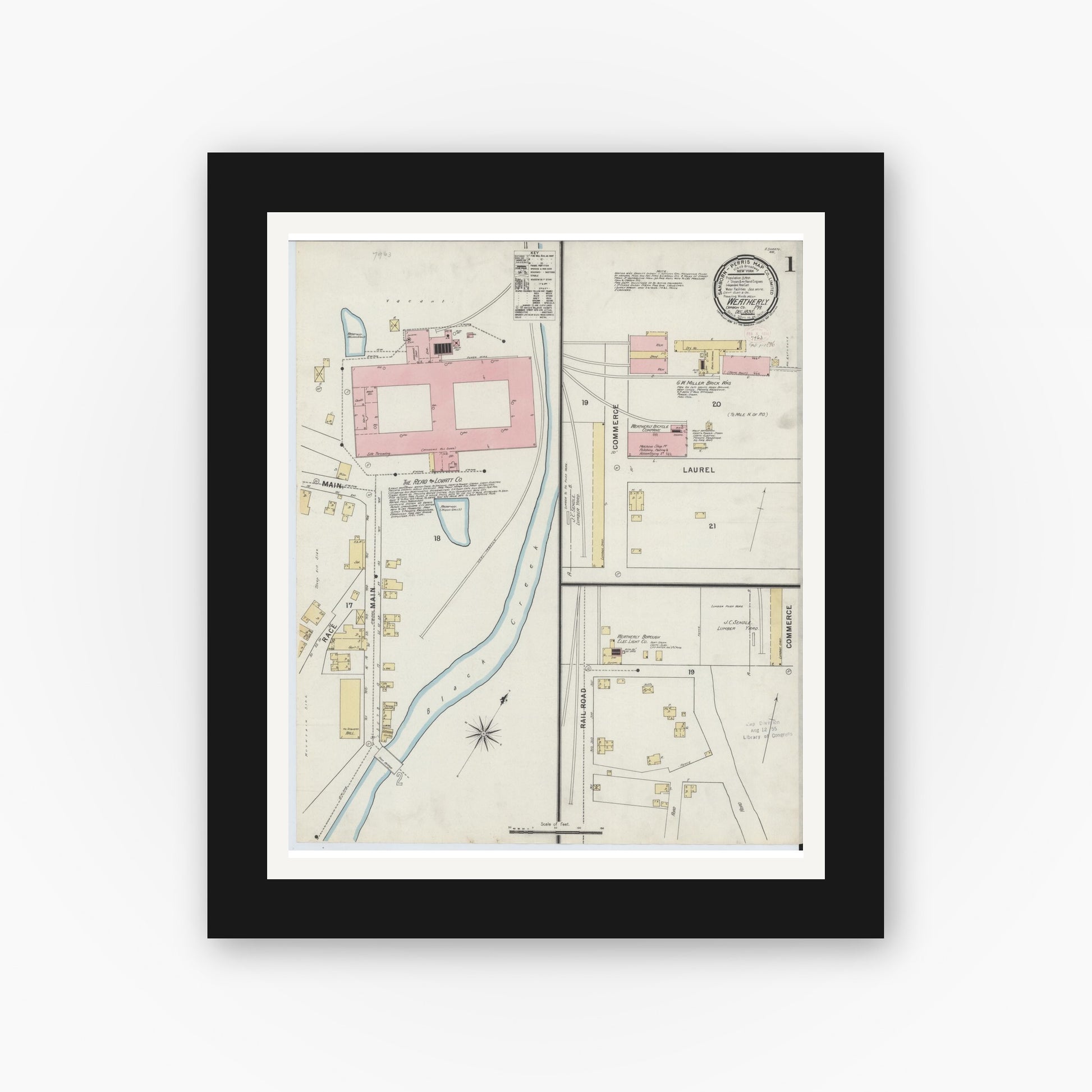 Old map wall art mockup — black gallery frame with white mat — Sanborn Fire Insurance Map from Weatherly, Carbon County, Pennsylvania (1895) - Complete Map Set