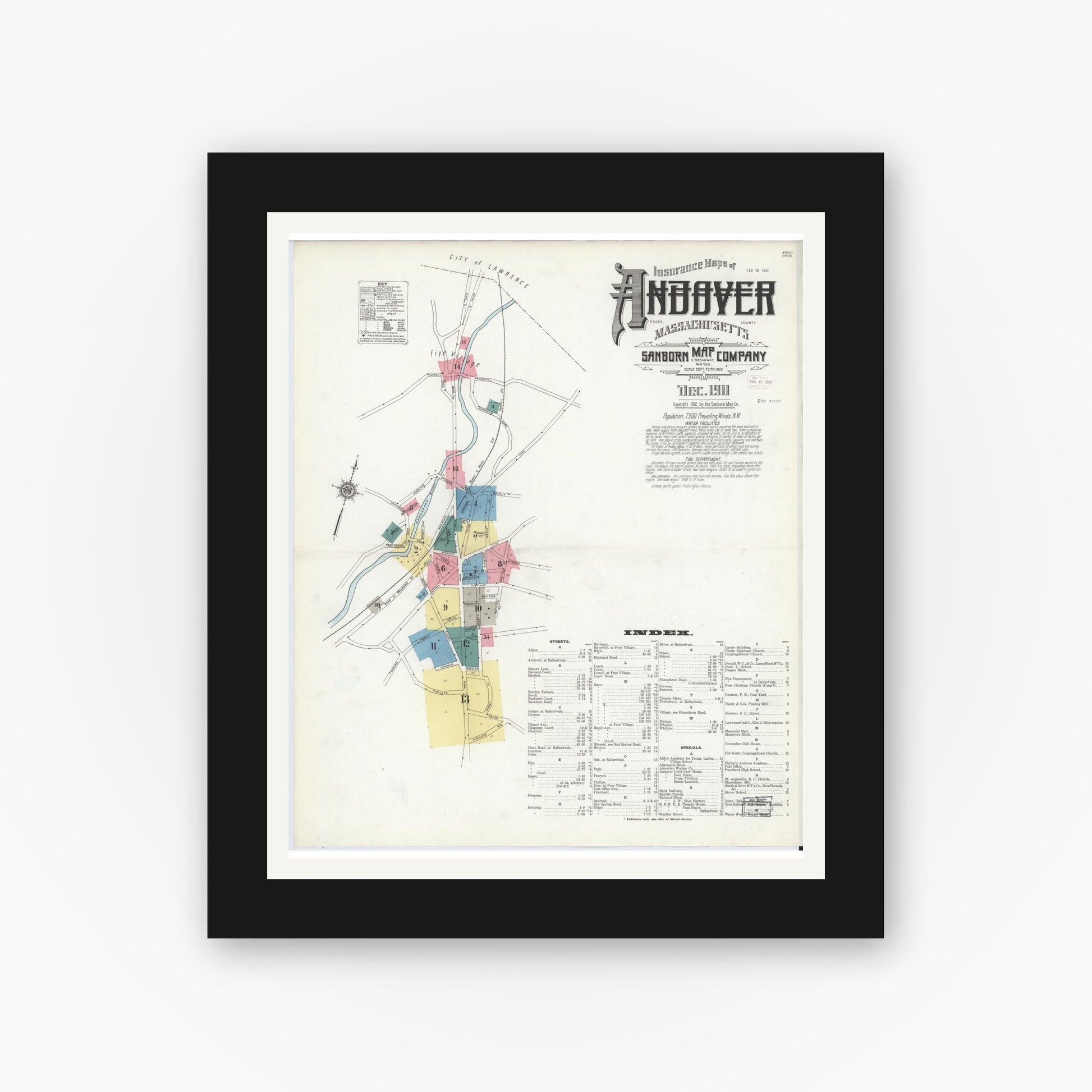 Old map wall art mockup — black gallery frame with white mat — Sanborn Fire Insurance Map from Andover, Essex County, Massachusetts (1911) - Complete Map Set