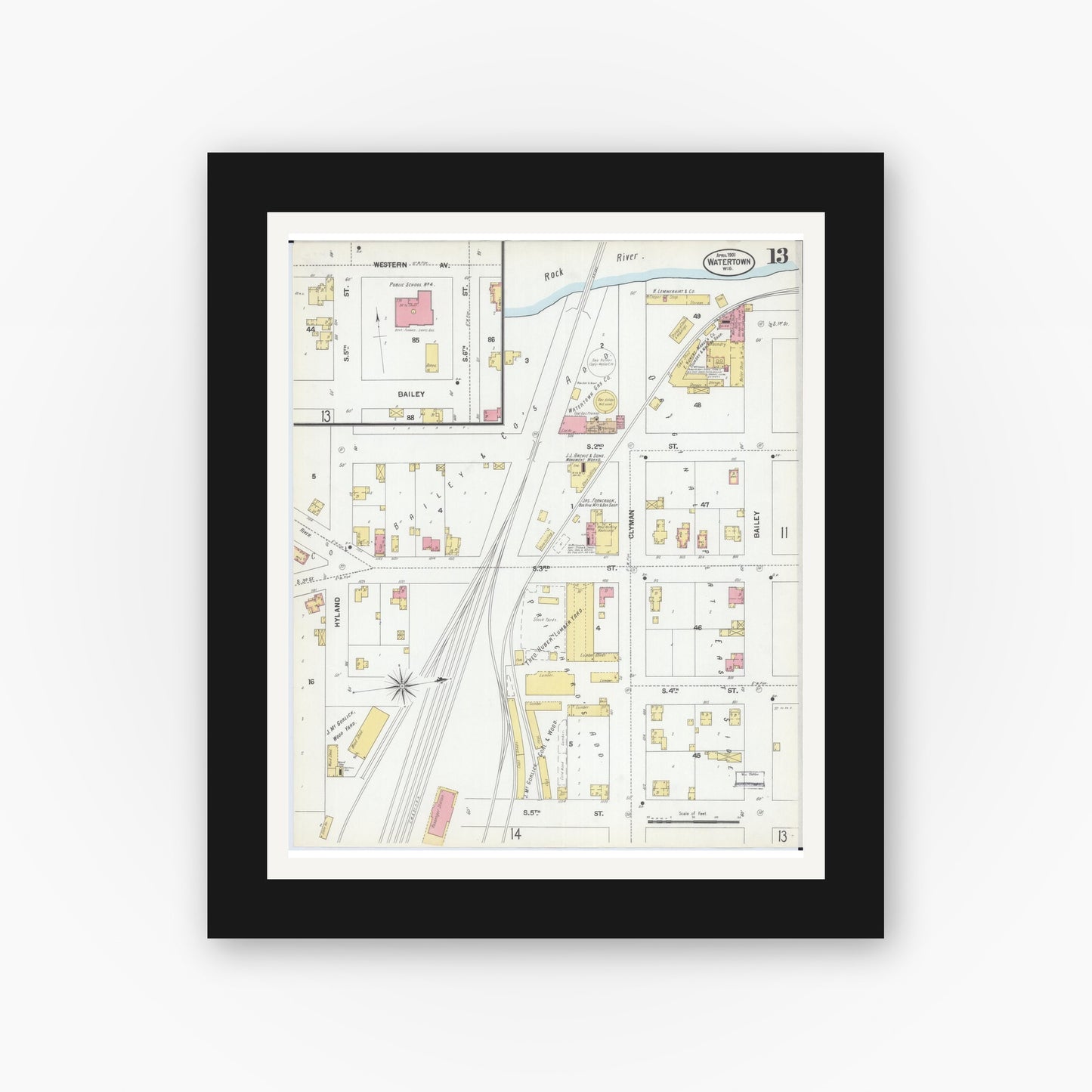 Old map wall art mockup — black gallery frame with white mat — Sanborn Fire Insurance Map from Watertown, Jefferson County, Wisconsin (1901), Sheet #0013