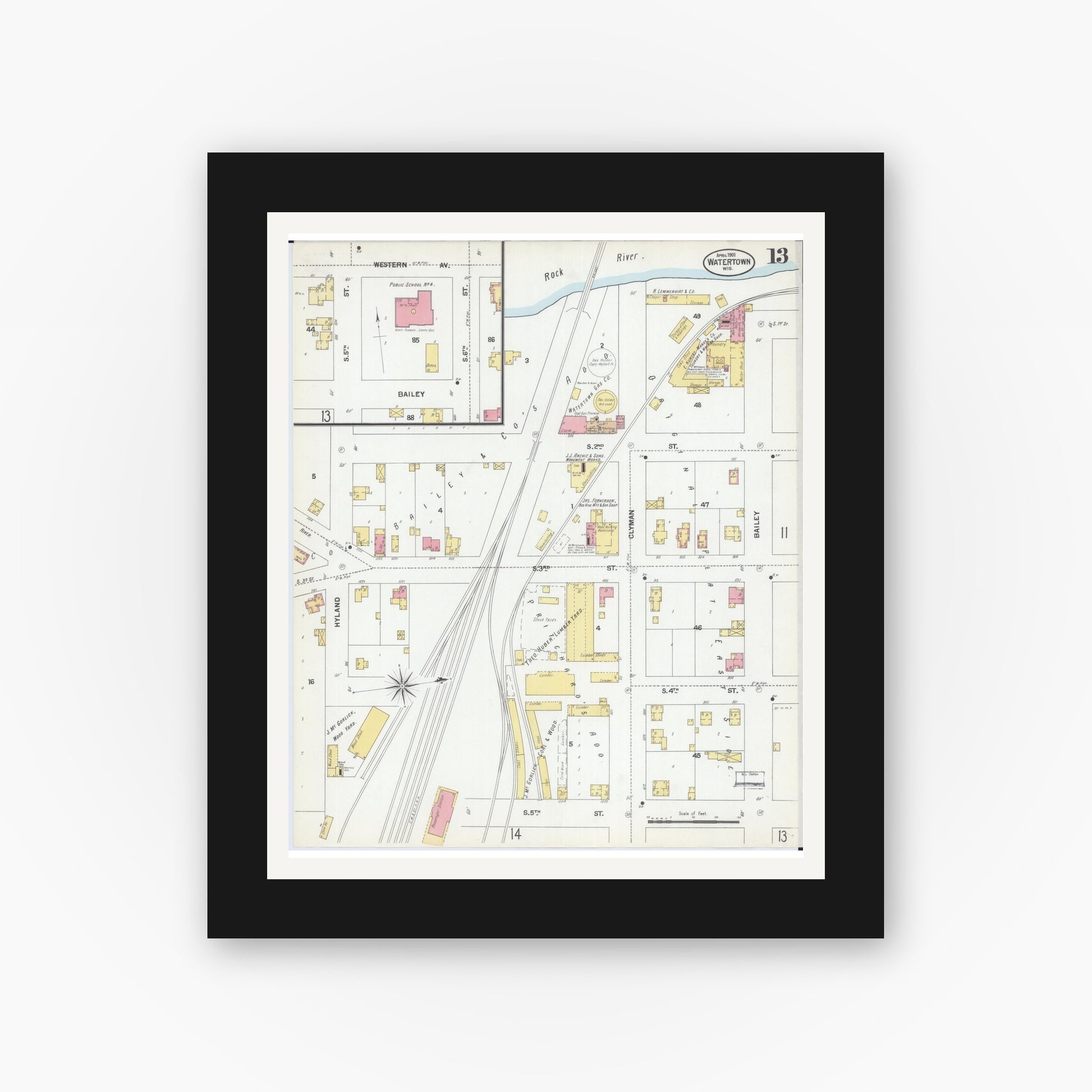 Old map wall art mockup — black gallery frame with white mat — Sanborn Fire Insurance Map from Watertown, Jefferson County, Wisconsin (1901), Sheet #0013