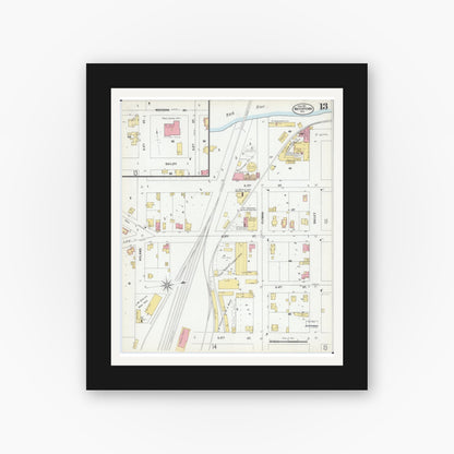 Old map wall art mockup — black gallery frame with white mat — Sanborn Fire Insurance Map from Watertown, Jefferson County, Wisconsin (1901), Sheet #0013