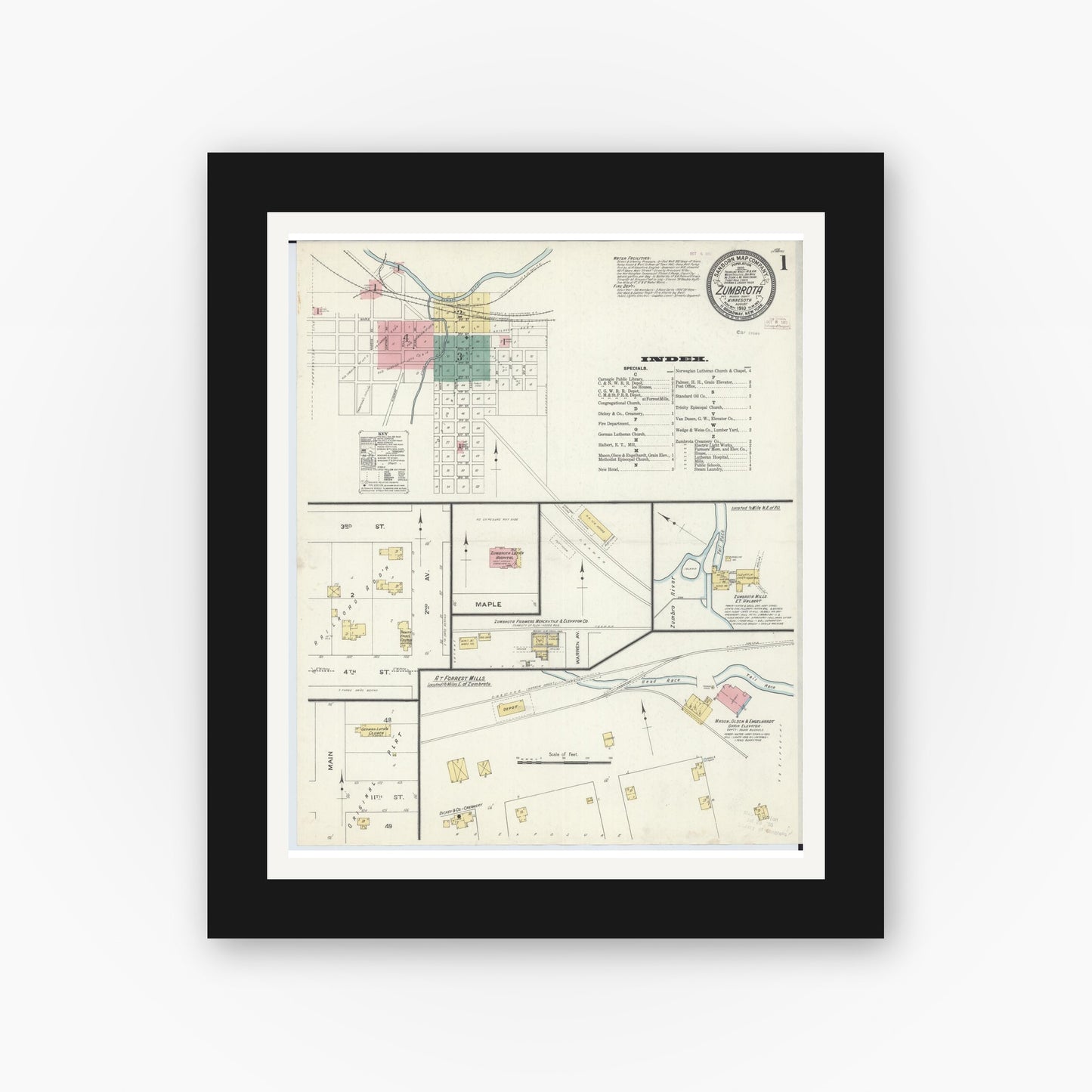 Old map wall art mockup — black gallery frame with white mat — Sanborn Fire Insurance Map from Zumbrota, Goodhue County, Minnesota (1910) - Complete Map Set