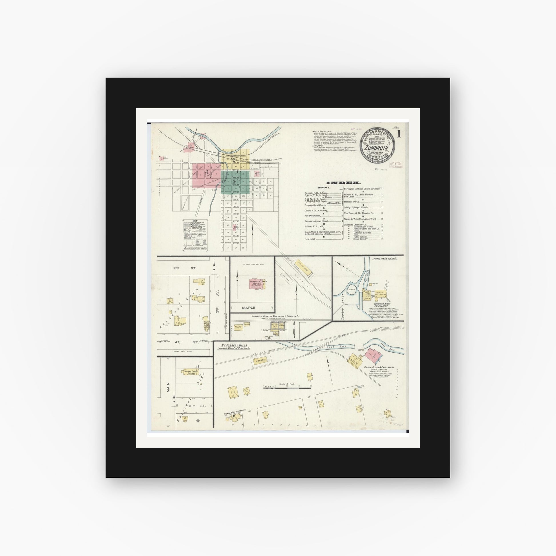Old map wall art mockup — black gallery frame with white mat — Sanborn Fire Insurance Map from Zumbrota, Goodhue County, Minnesota (1910) - Complete Map Set