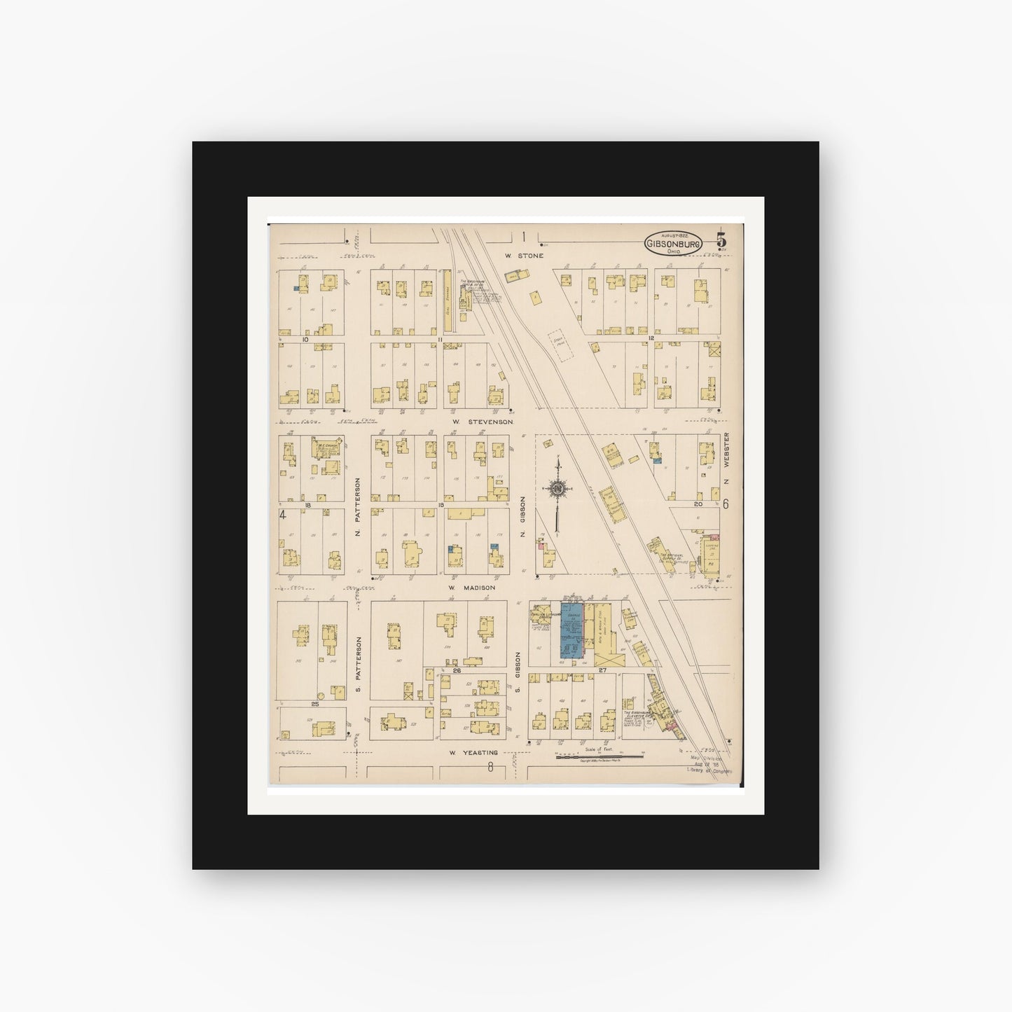 Old map wall art mockup — black gallery frame with white mat — Sanborn Fire Insurance Map from Gibsonburg, Sandusky County, Ohio (1922), Sheet #0005