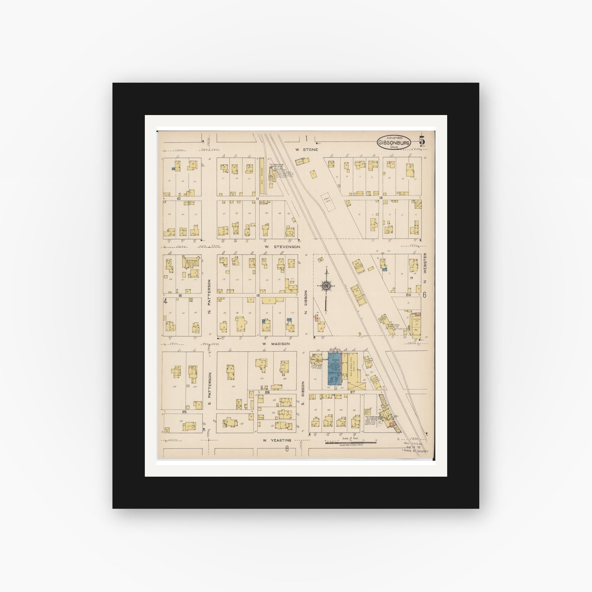 Old map wall art mockup — black gallery frame with white mat — Sanborn Fire Insurance Map from Gibsonburg, Sandusky County, Ohio (1922), Sheet #0005