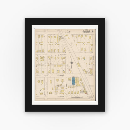 Old map wall art mockup — black gallery frame with white mat — Sanborn Fire Insurance Map from Gibsonburg, Sandusky County, Ohio (1922), Sheet #0005