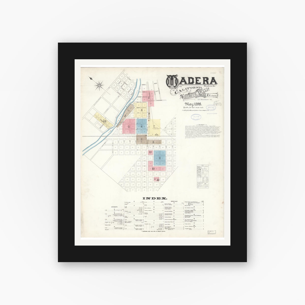 Old map wall art mockup — black gallery frame with white mat — Sanborn Fire Insurance Map from Madera, Madera County, California (1898) - Complete Map Set