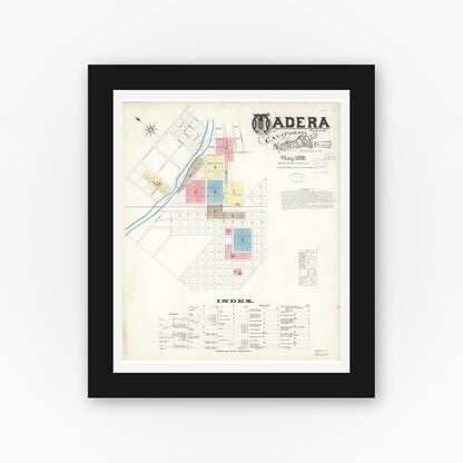 Old map wall art mockup — black gallery frame with white mat — Sanborn Fire Insurance Map from Madera, Madera County, California (1898) - Complete Map Set