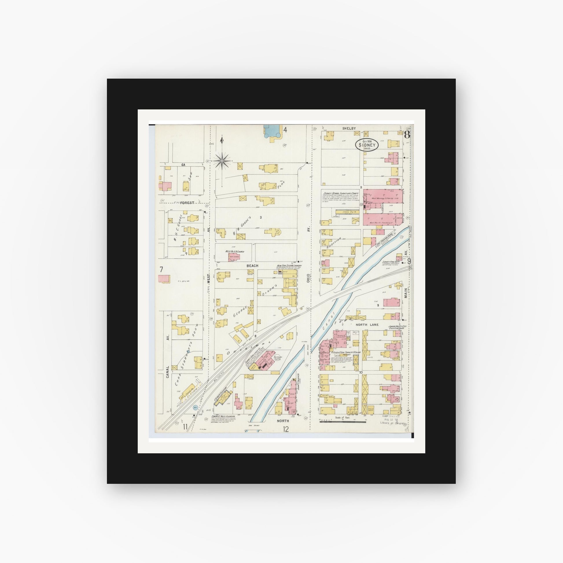 Old map wall art mockup — black gallery frame with white mat — Sanborn Fire Insurance Map from Sidney, Shelby County, Ohio (1898), Sheet #0008