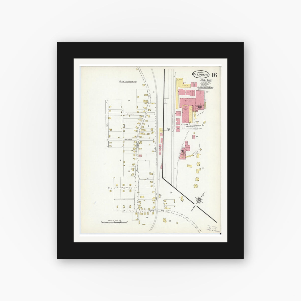Old map wall art mockup — black gallery frame with white mat — Sanborn Fire Insurance Map from Philipsburg, Centre County, Pennsylvania (1917), Sheet #0016