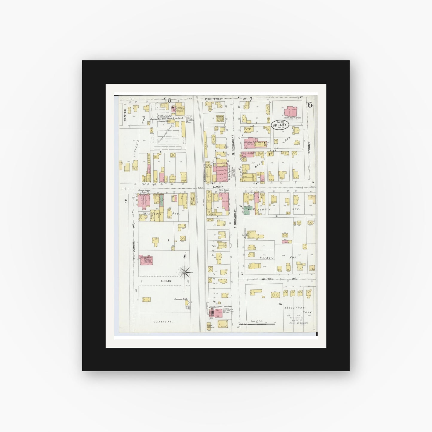 Old map wall art mockup — black gallery frame with white mat — Sanborn Fire Insurance Map from Shelby, Richland County, Ohio (1899), Sheet #0006