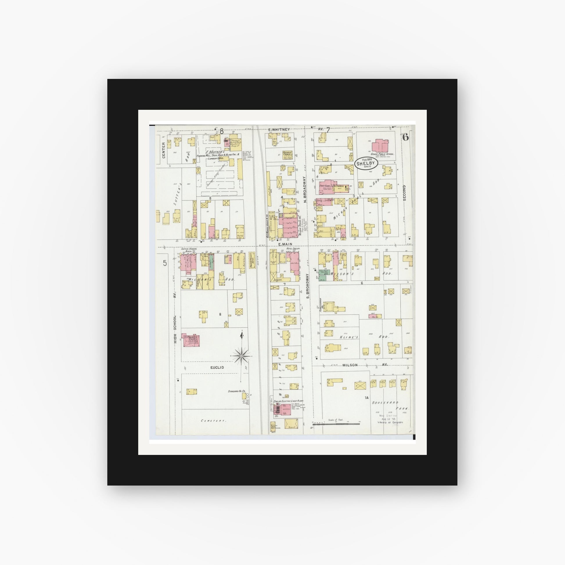 Old map wall art mockup — black gallery frame with white mat — Sanborn Fire Insurance Map from Shelby, Richland County, Ohio (1899), Sheet #0006