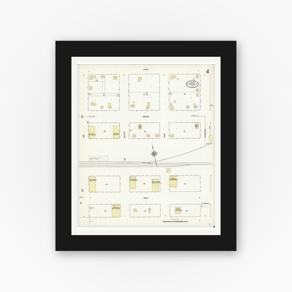 Old map wall art mockup — black gallery frame with white mat — Sanborn Fire Insurance Map from Forney, Kaufman County, Texas (1912), Sheet #0004