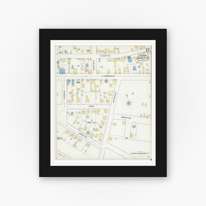 Old map wall art mockup — black gallery frame with white mat — Sanborn Fire Insurance Map from San Antonio, Bexar County, Texas (1892), Sheet #0017