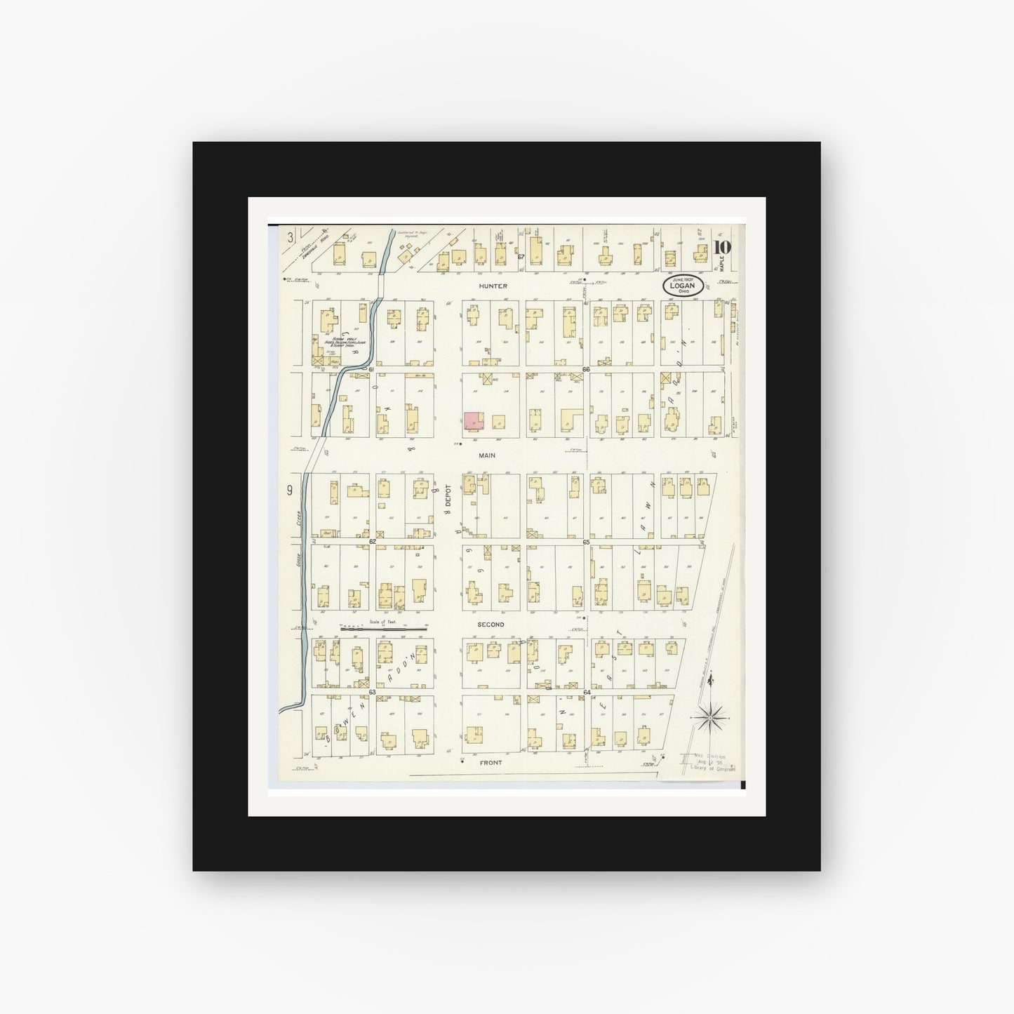 Old map wall art mockup — black gallery frame with white mat — Sanborn Fire Insurance Map from Logan, Hocking County, Ohio (1907), Sheet #0010