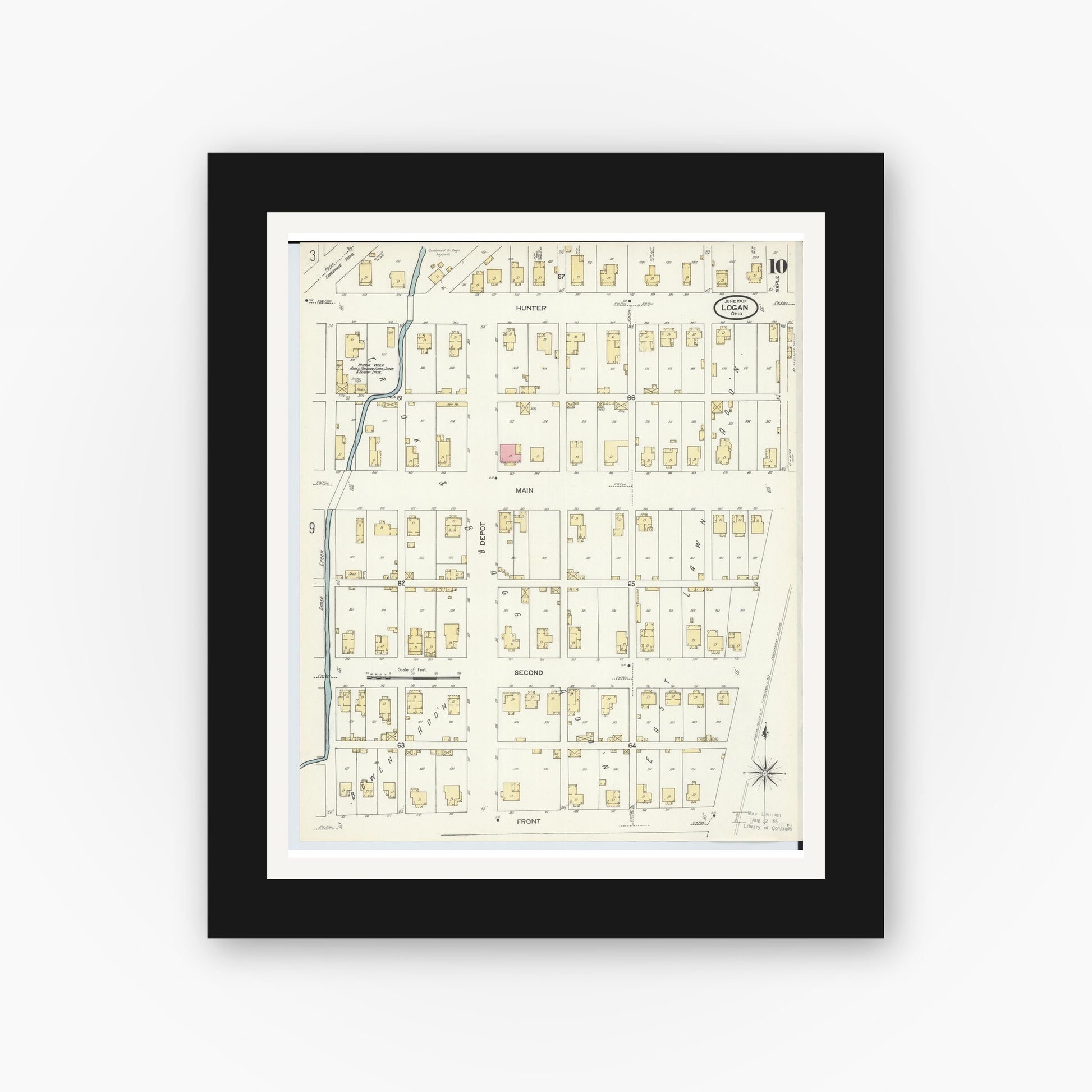 Old map wall art mockup — black gallery frame with white mat — Sanborn Fire Insurance Map from Logan, Hocking County, Ohio (1907), Sheet #0010
