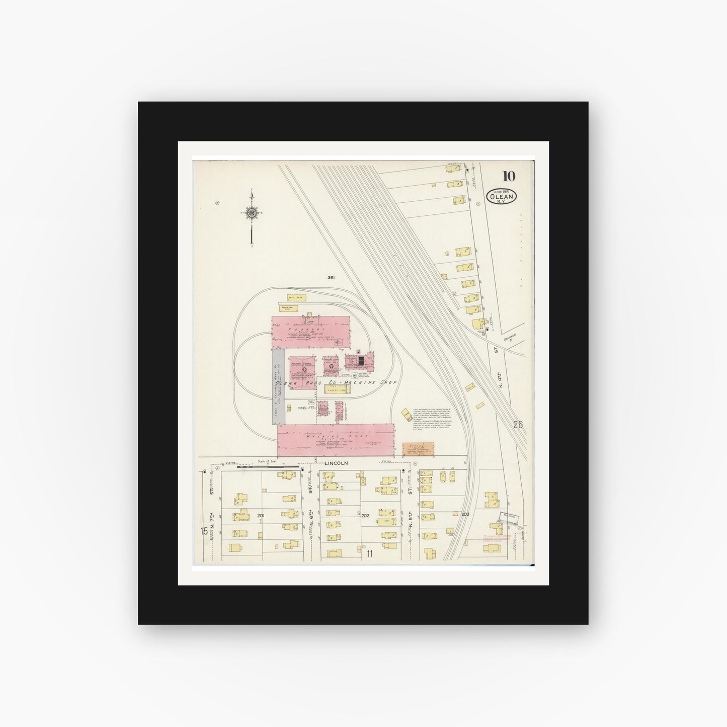 Old map wall art mockup — black gallery frame with white mat — Sanborn Fire Insurance Map from Olean, Cattaraugus County, New York (1915), Sheet #0010