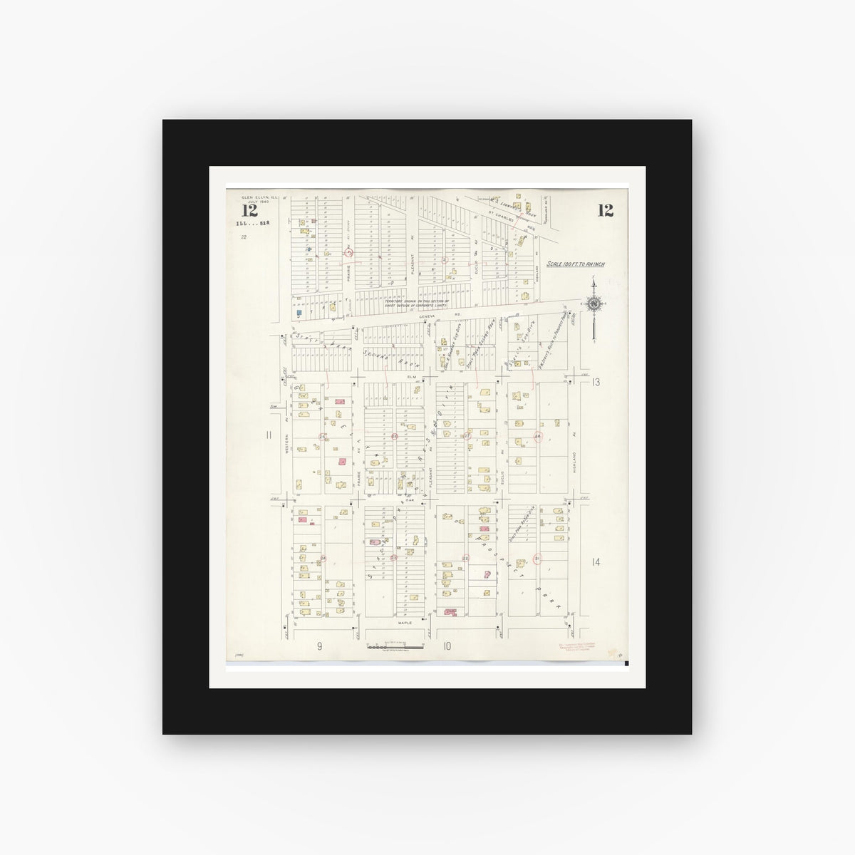 Old map wall art mockup — black gallery frame with white mat — Sanborn Fire Insurance Map from Glen Ellyn, Du Page County, Illinois (1946), Sheet #0012