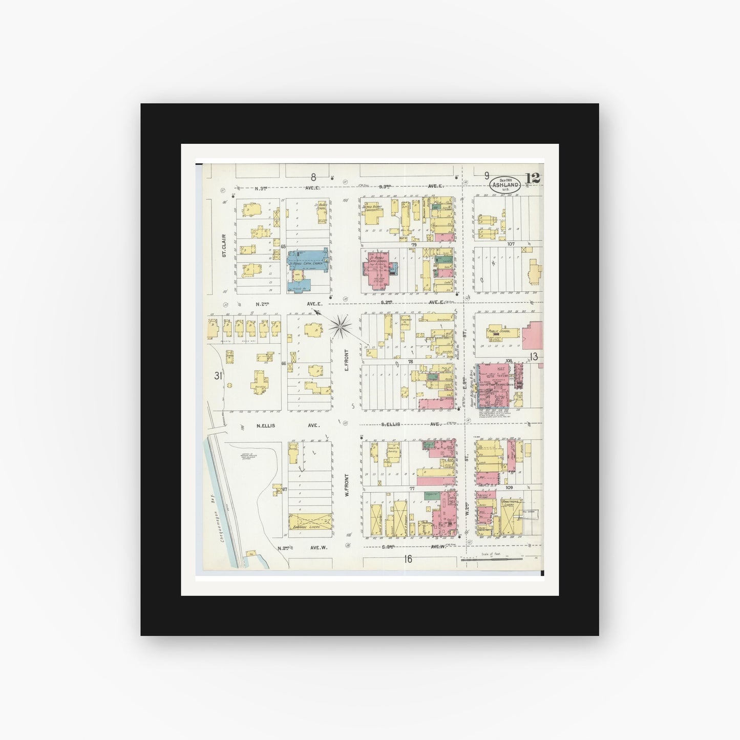Old map wall art mockup — black gallery frame with white mat — Sanborn Fire Insurance Map from Ashland, Ashland County, Wisconsin (1901), Sheet #0012