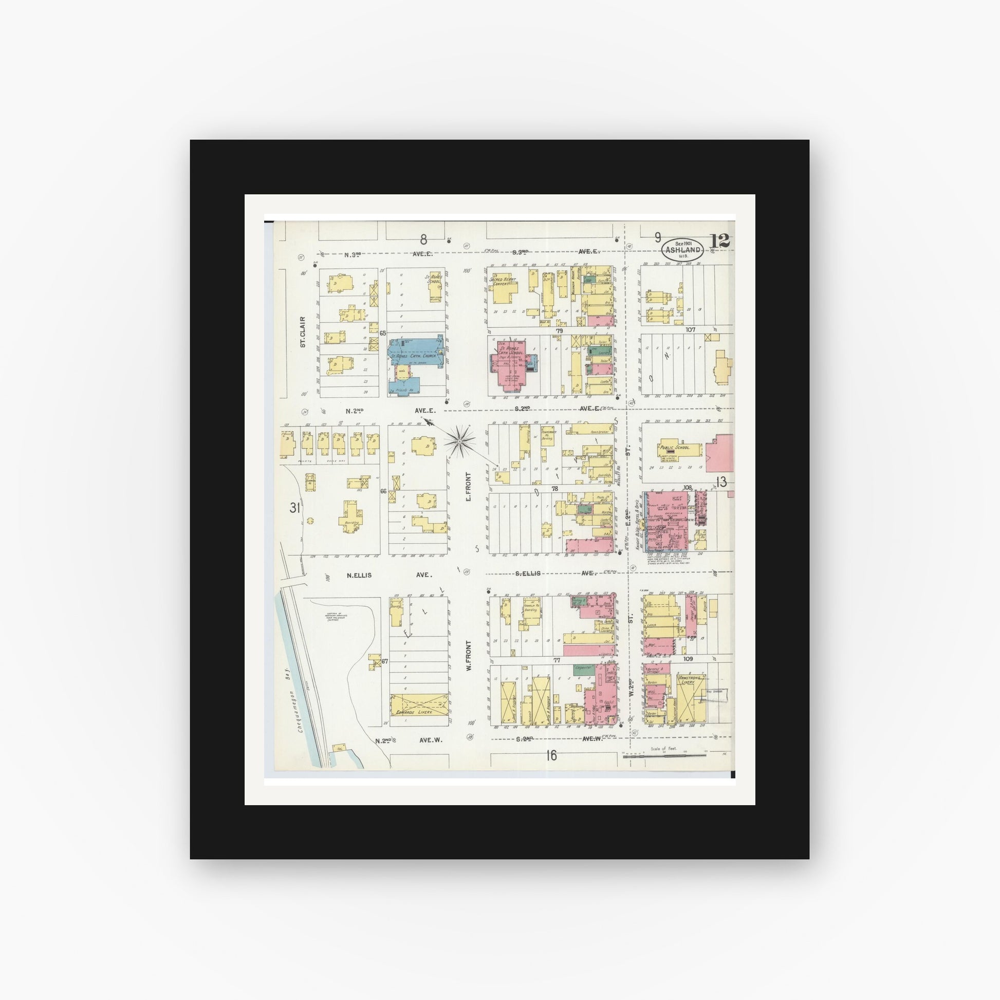 Old map wall art mockup — black gallery frame with white mat — Sanborn Fire Insurance Map from Ashland, Ashland County, Wisconsin (1901), Sheet #0012