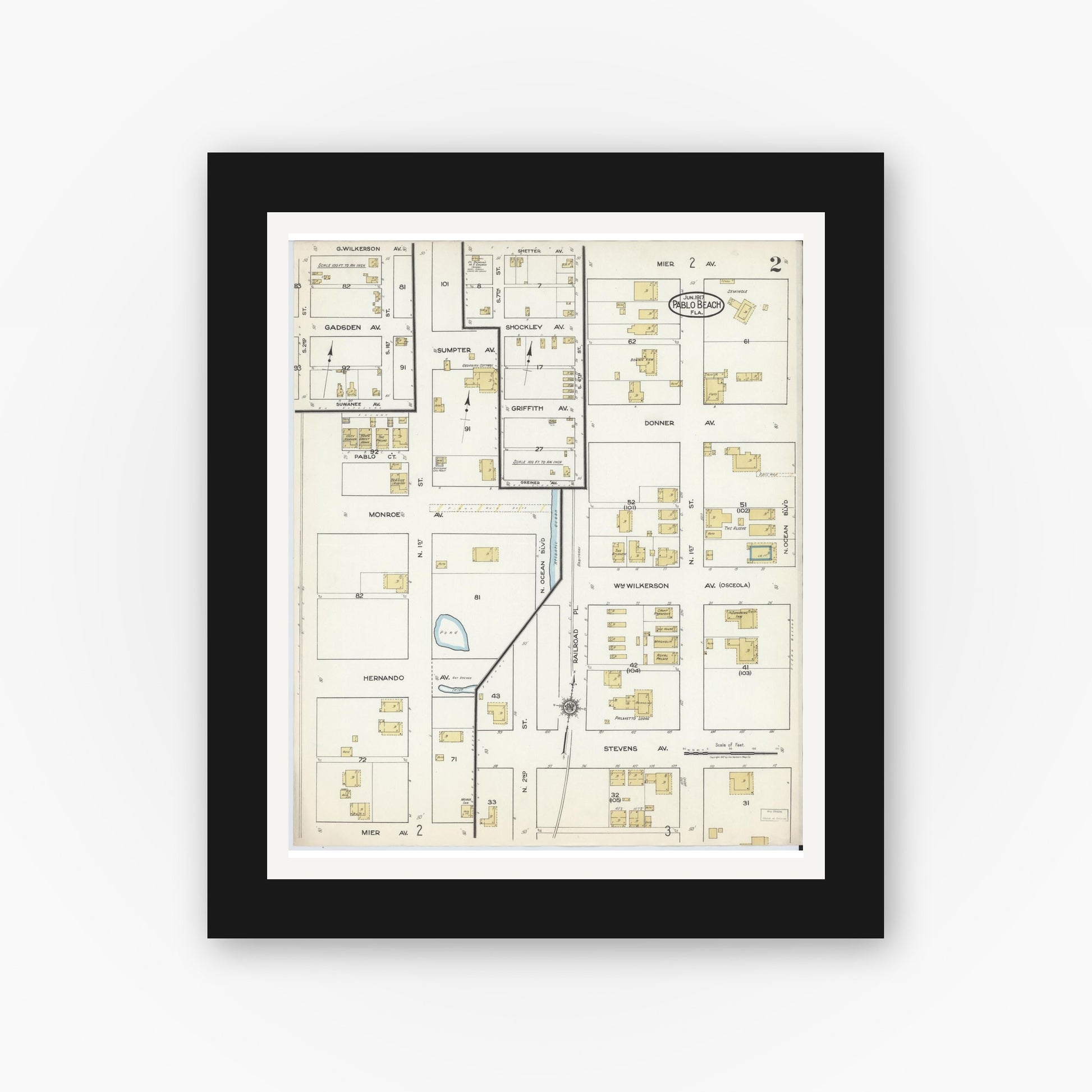 Old map wall art mockup — black gallery frame with white mat — Sanborn Fire Insurance Map from Pablo Beach, Duval County, Florida (1917), Sheet #0002