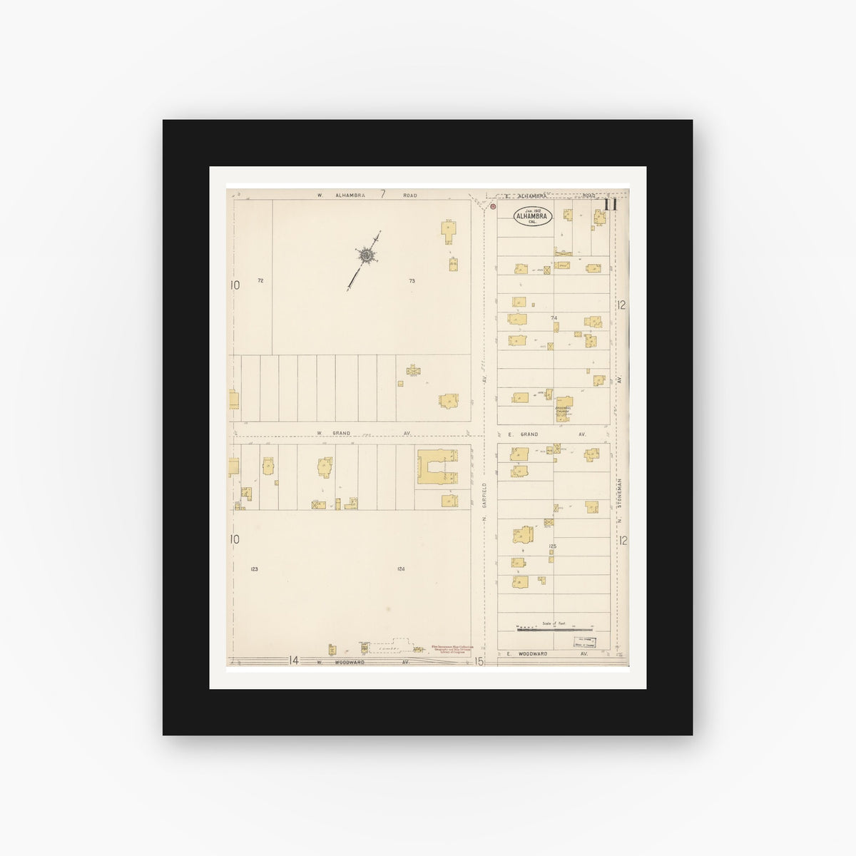 Old map wall art mockup — black gallery frame with white mat — Sanborn Fire Insurance Map from Alhambra, Los Angeles County, California (1912), Sheet #0011