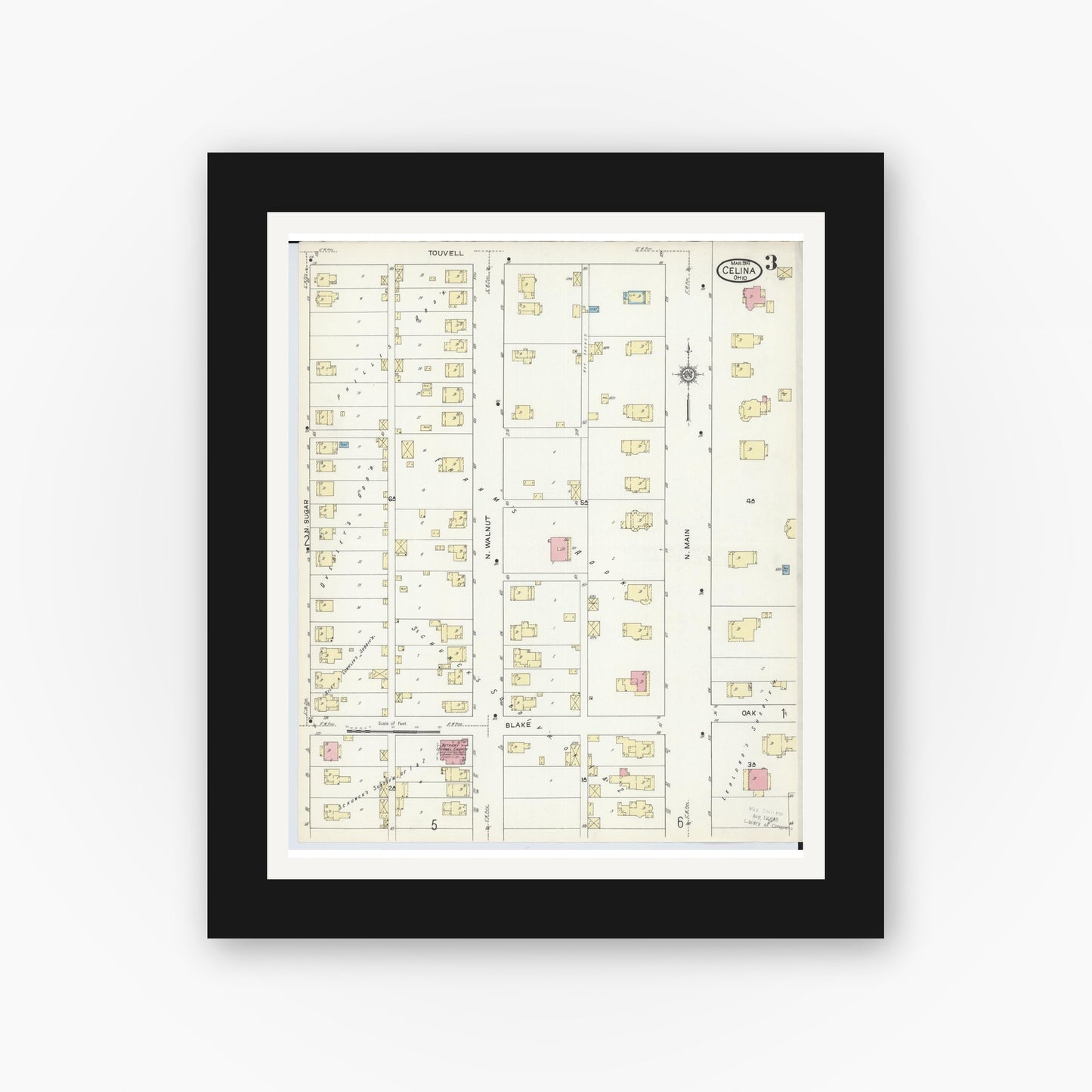Old map wall art mockup — black gallery frame with white mat — Sanborn Fire Insurance Map from Celina, Mercer County, Ohio (1914), Sheet #0003