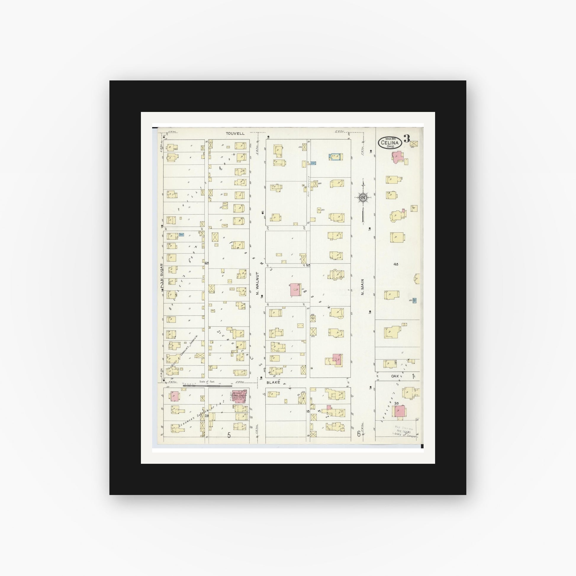 Old map wall art mockup — black gallery frame with white mat — Sanborn Fire Insurance Map from Celina, Mercer County, Ohio (1914), Sheet #0003