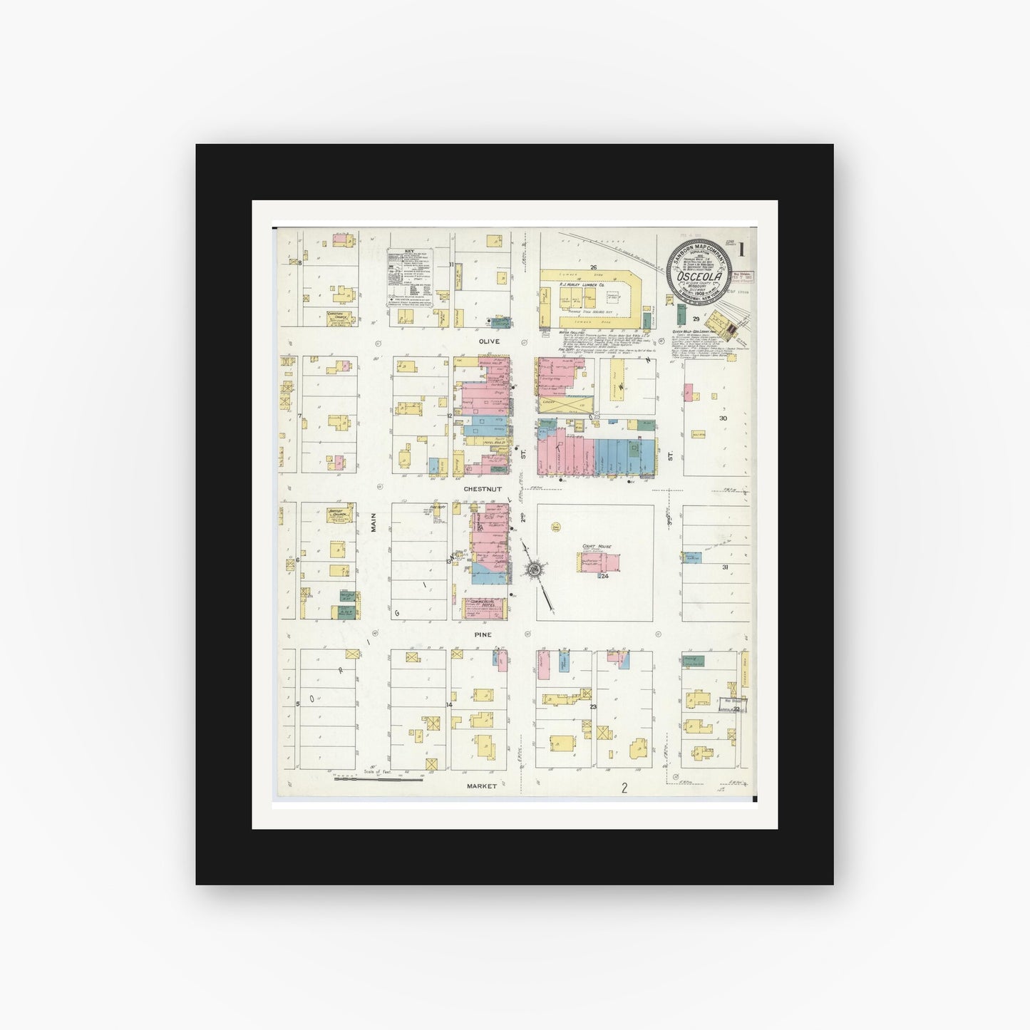 Old map wall art mockup — black gallery frame with white mat — Sanborn Fire Insurance Map from Osceola, Saint Clair County, Missouri (1909) - Complete Map Set