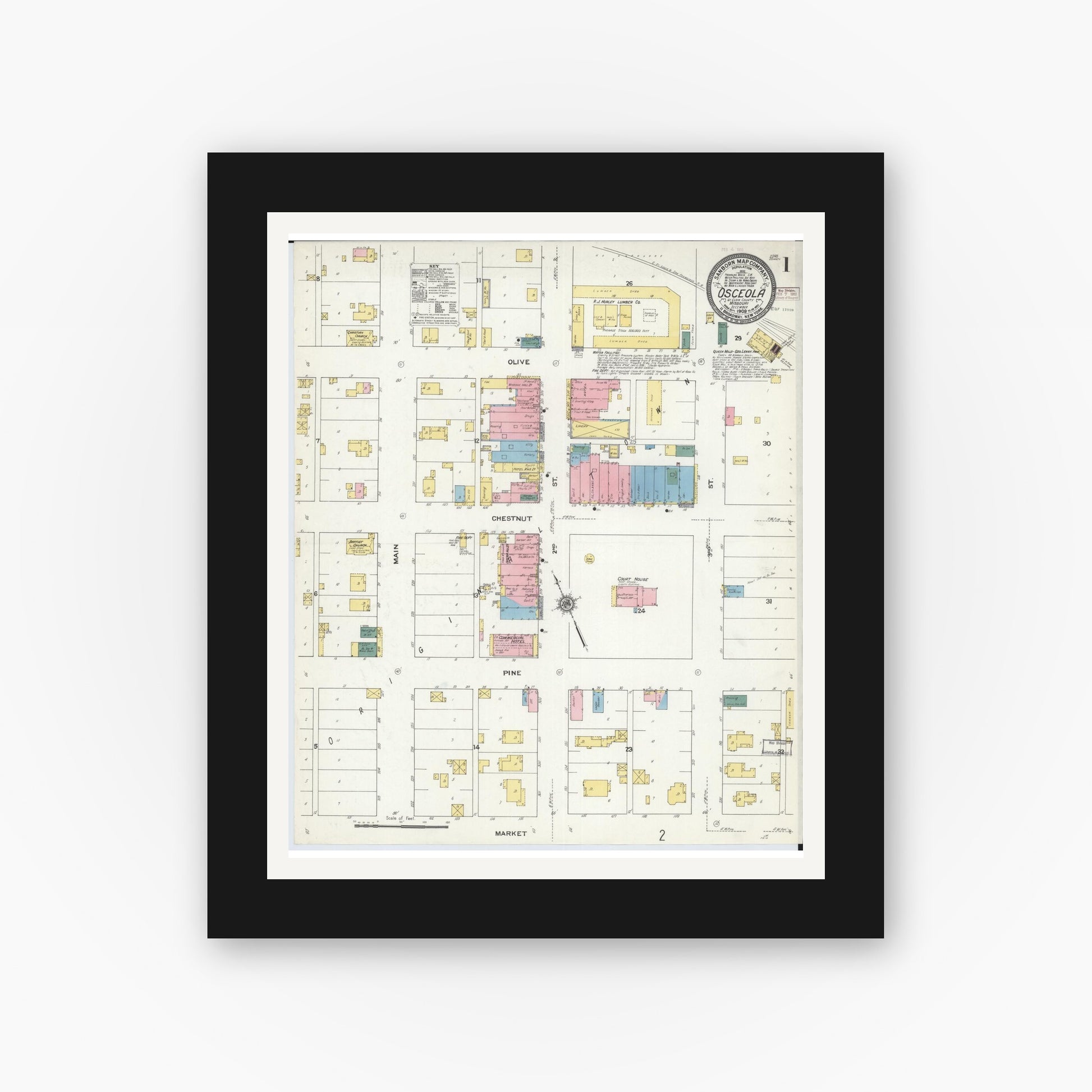 Old map wall art mockup — black gallery frame with white mat — Sanborn Fire Insurance Map from Osceola, Saint Clair County, Missouri (1909) - Complete Map Set