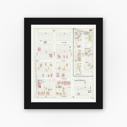 Old map wall art mockup — black gallery frame with white mat — Sanborn Fire Insurance Map from El Paso, El Paso County, Texas (1898), Sheet #0019