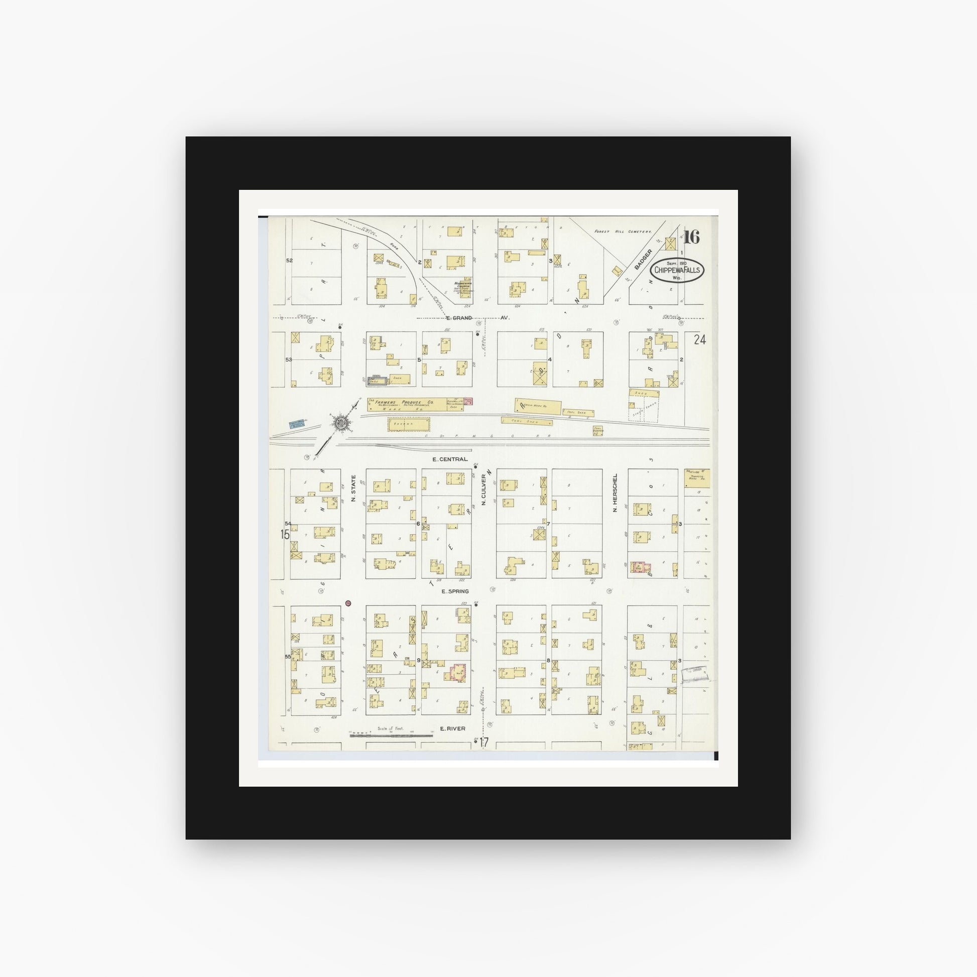 Old map wall art mockup — black gallery frame with white mat — Sanborn Fire Insurance Map from Chippewa Falls, Chippewa County, Wisconsin (1910), Sheet #0016