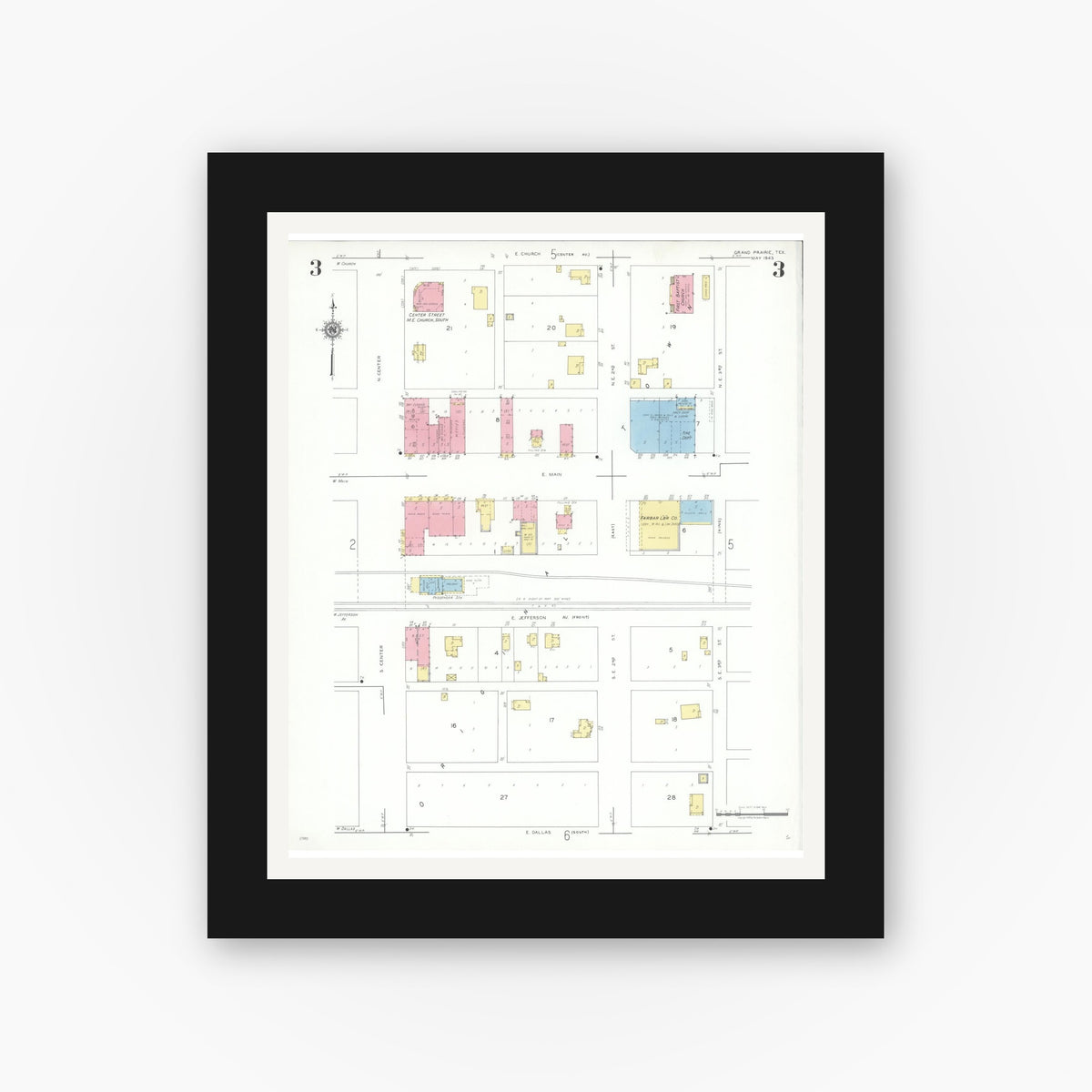 Old map wall art mockup — black gallery frame with white mat — Sanborn Fire Insurance Map from Grand Prairie, Dallas County, Texas (1943), Sheet #0003