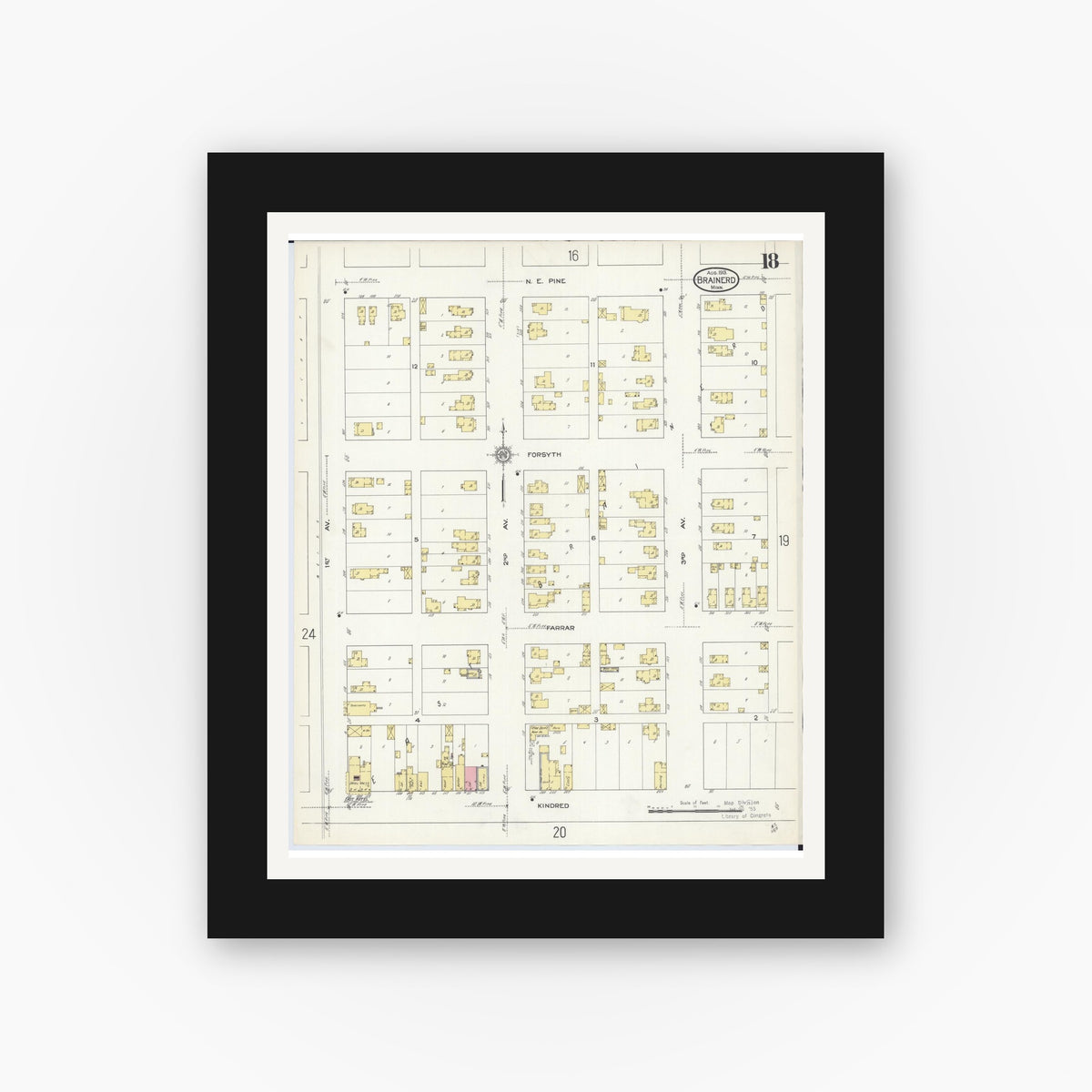 Old map wall art mockup — black gallery frame with white mat — Sanborn Fire Insurance Map from Brainerd, Crow Wing County, Minnesota (1913), Sheet #0018