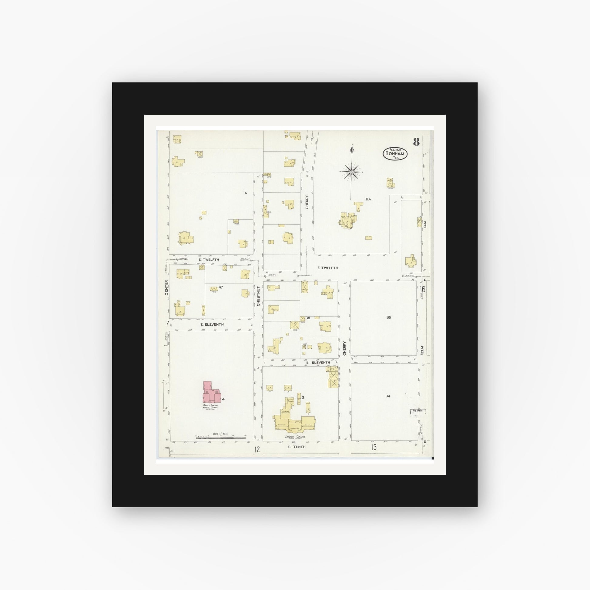 Old map wall art mockup — black gallery frame with white mat — Sanborn Fire Insurance Map from Bonham, Fannin County, Texas (1909), Sheet #0008