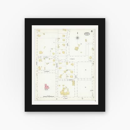 Old map wall art mockup — black gallery frame with white mat — Sanborn Fire Insurance Map from Bonham, Fannin County, Texas (1909), Sheet #0008