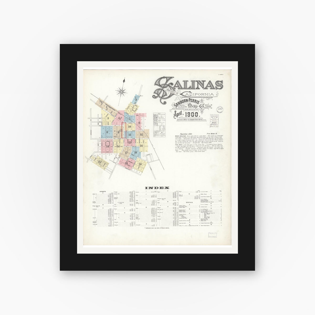 Old map wall art mockup — black gallery frame with white mat — Sanborn Fire Insurance Map from Salinas, Monterey County, California (1900) - Complete Map Set