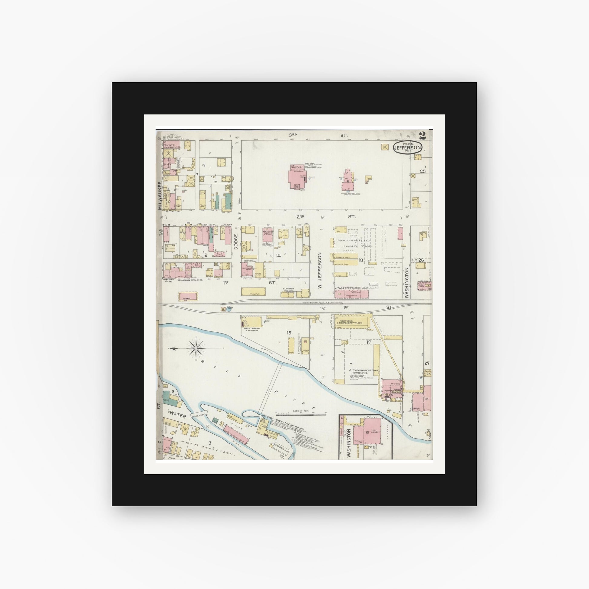 Old map wall art mockup — black gallery frame with white mat — Sanborn Fire Insurance Map from Jefferson, Jefferson County, Wisconsin (1892), Sheet #0002