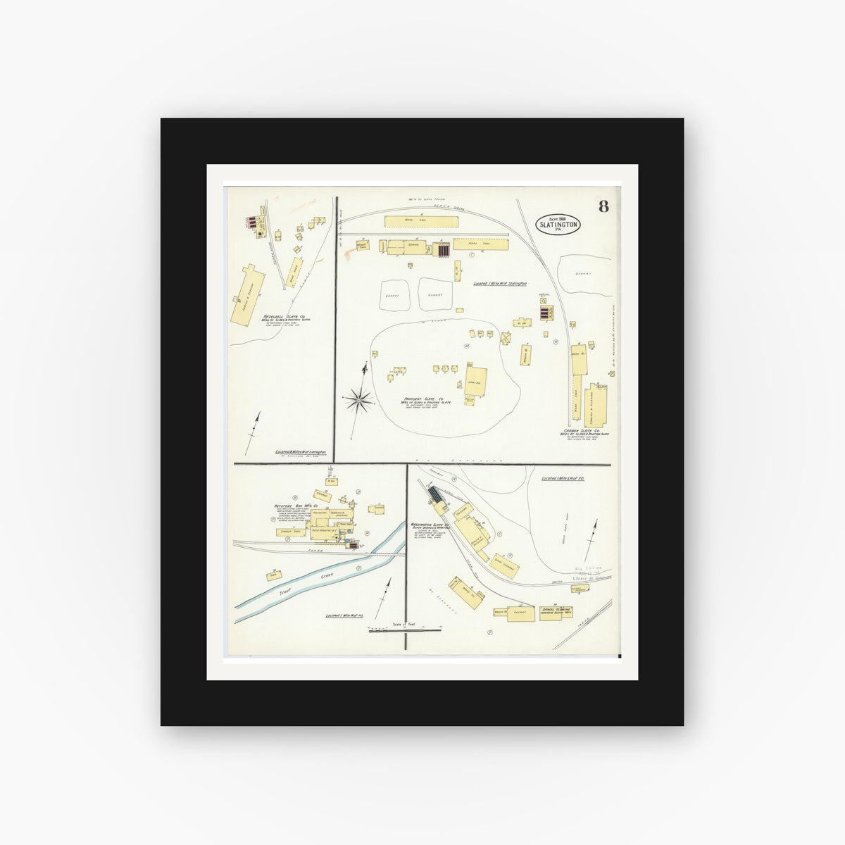 Old map wall art mockup — black gallery frame with white mat — Sanborn Fire Insurance Map from Slatington, Lehigh County, Pennsylvania (1908), Sheet #0008