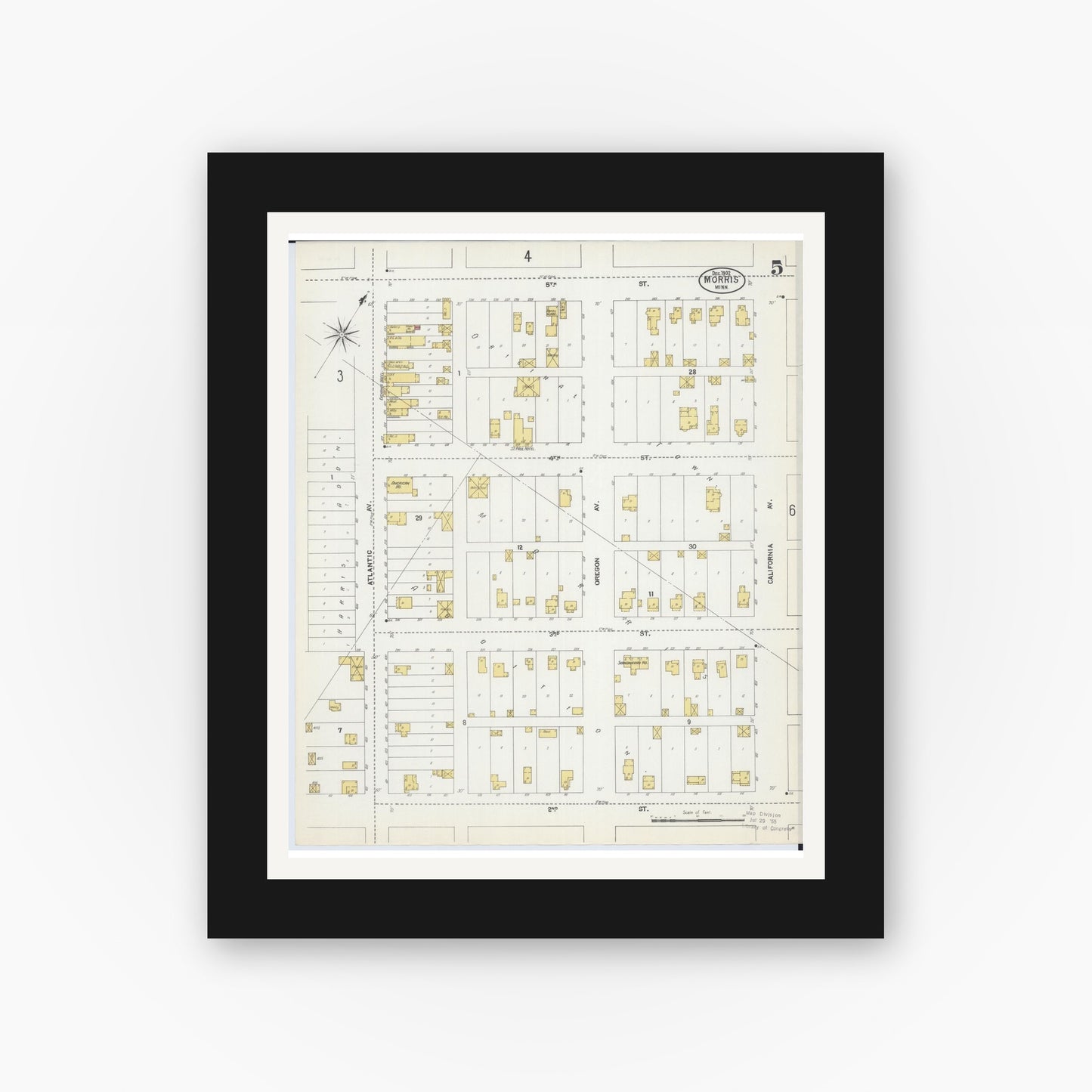 Old map wall art mockup — black gallery frame with white mat — Sanborn Fire Insurance Map from Morris, Stevens County, Minnesota (1902), Sheet #0005